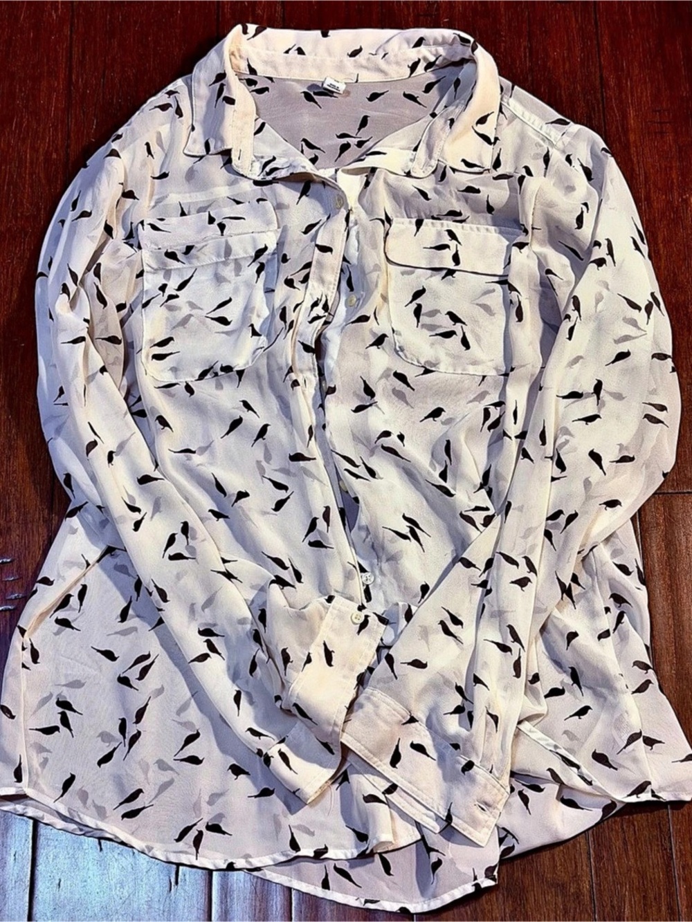 Old Navy Silk Blouse Black Bird Printed Button Down Shirt in
